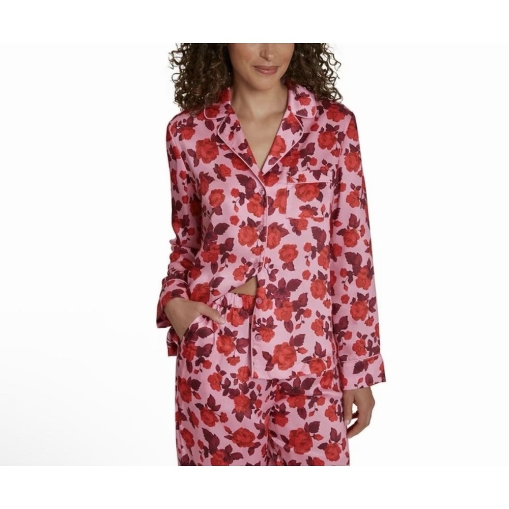 LOFT Sleep 2 Piece Satin Pajama Set Size XL Pink Red Floral Roses Pockets PJs